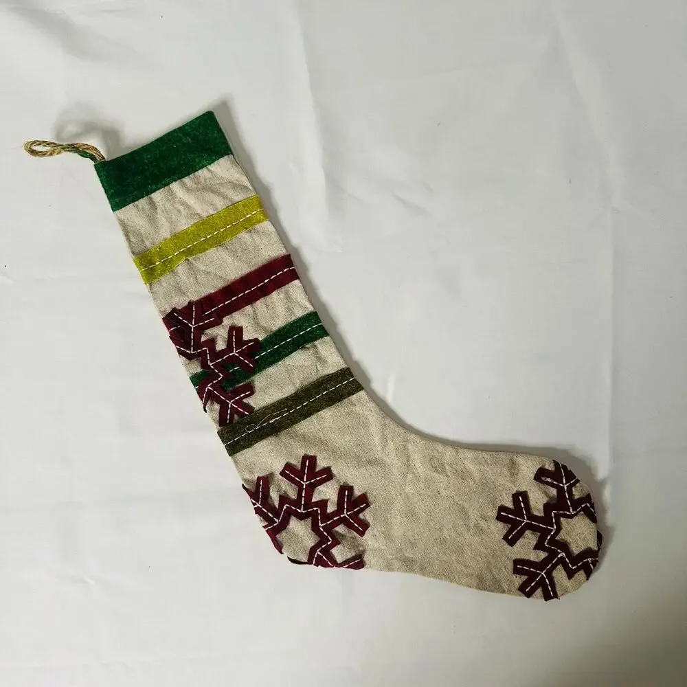 Primitive Farmhouse Christmas Striped Snowflake Sewn Skinny Holiday Stocking